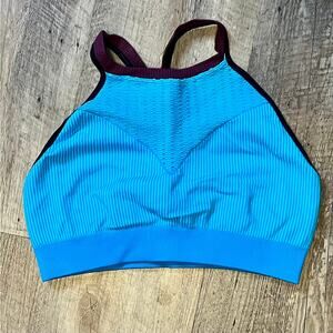 Nux Blue Pullover High Neck Seamless Racerback Active Sports Bra Sz Med